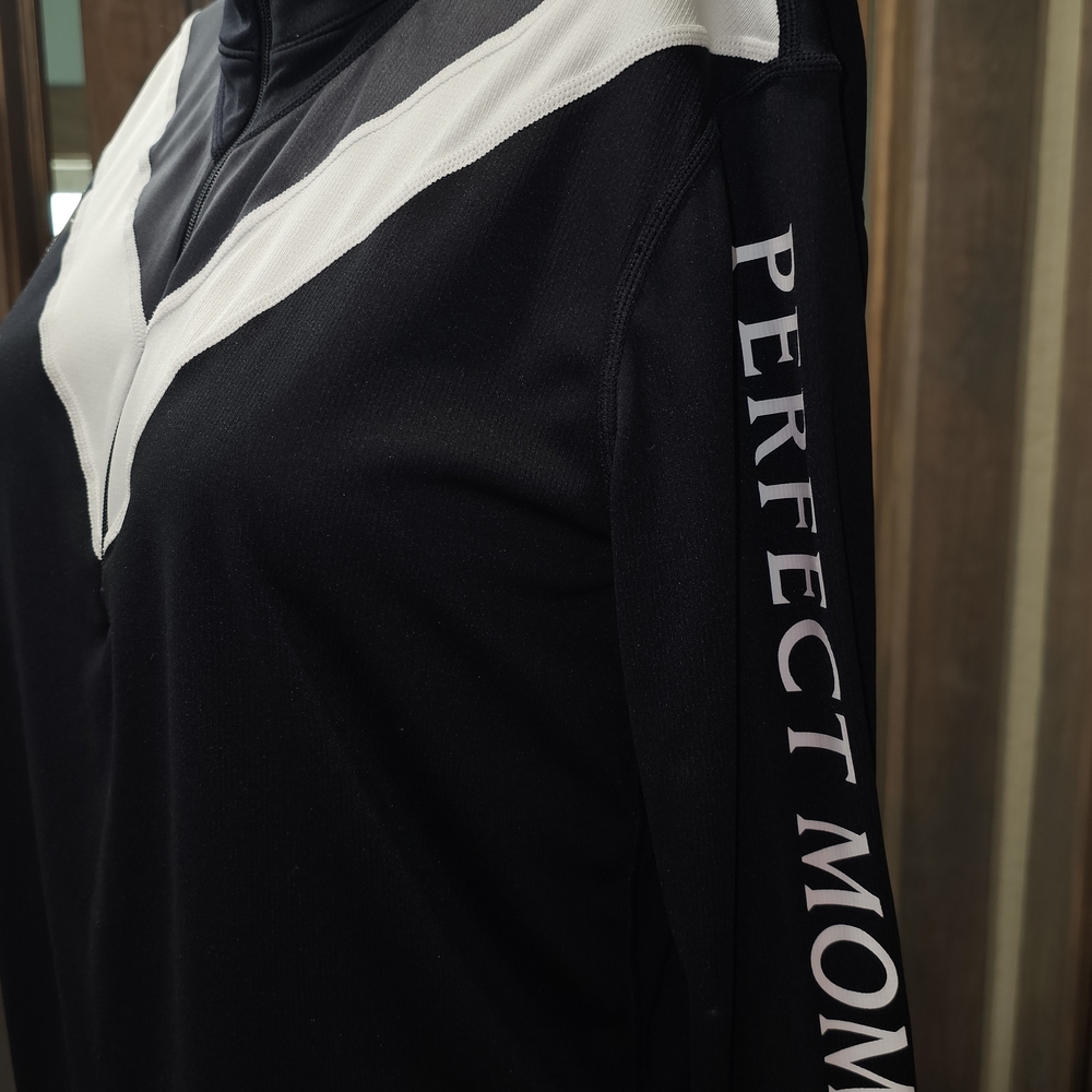 Perfect Moment Black and White Chevron top with sleeve logo "Perfect Moment"